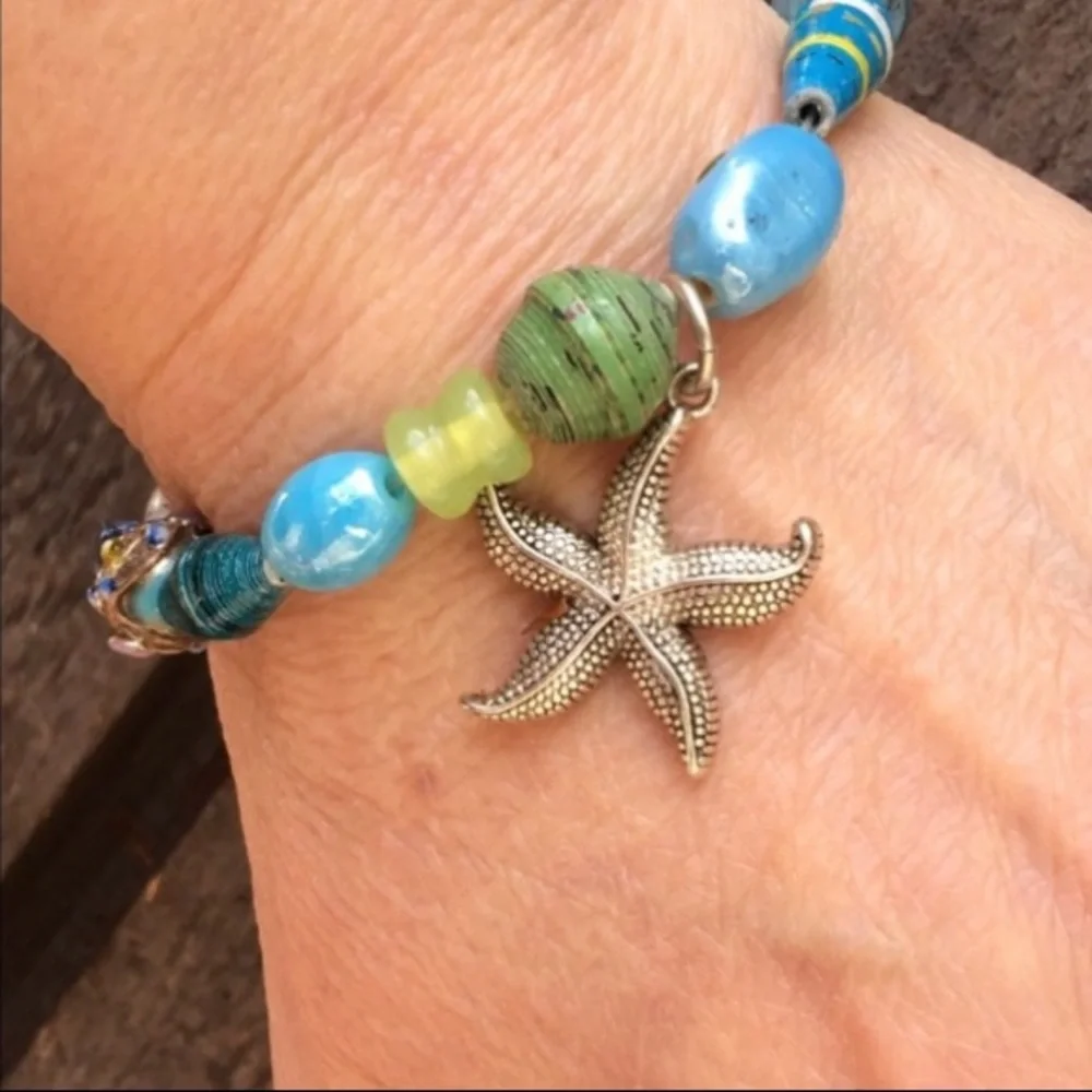 STARFISH BRACELET Stretch Silver Blue Green Beads
